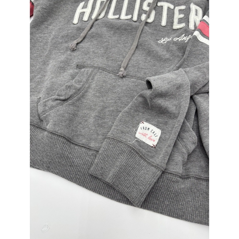 Hollister Gray Pullover Hoodie Pink Stripe Sleeve Logo Sweatshirt Medium - Picture 4 of 9